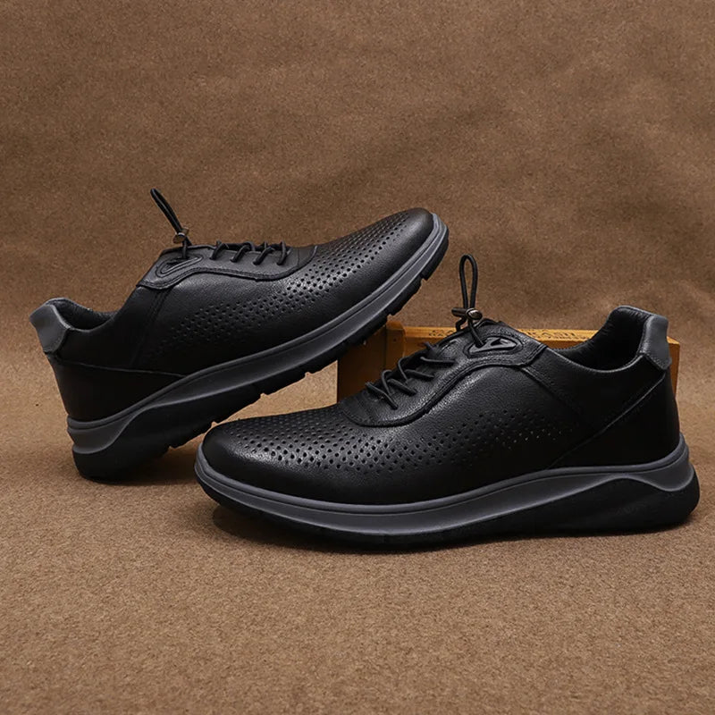 Men's Breathable Genuine Leather Walking Shoes Round Toe Lace-up Rubber Outsole Mesh Lining Summer Casual Shoes