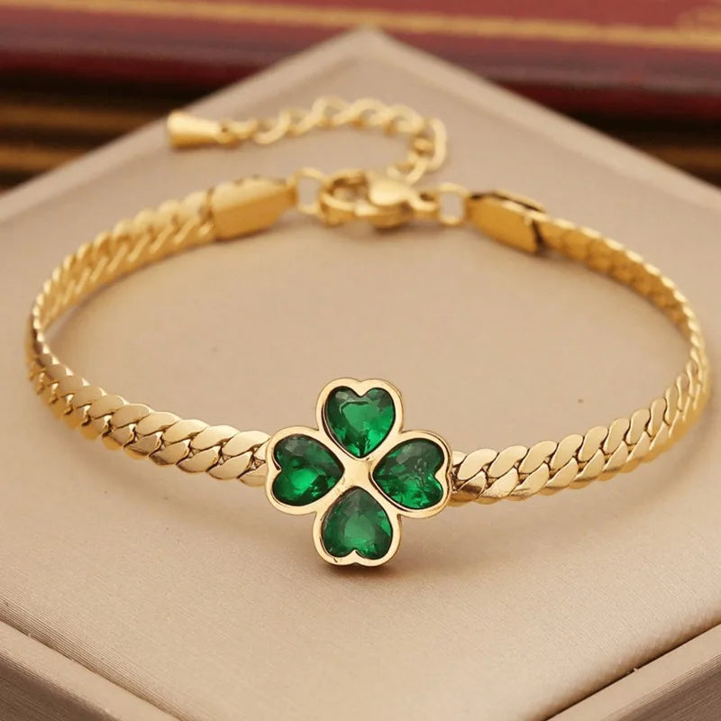 Green 1set Heart Cubic & Flower Shaped Stainless Steel Jewelry Set for Women, 3pcs Including Necklace, Bracelet and Earrings