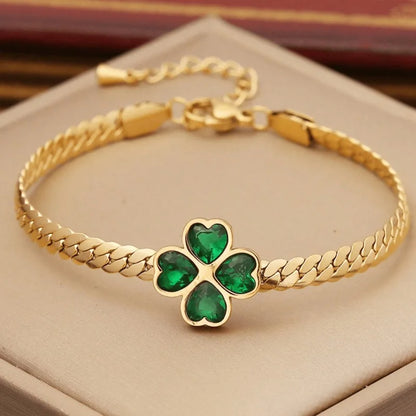 Green 1set Heart Cubic & Flower Shaped Stainless Steel Jewelry Set for Women, 3pcs Including Necklace, Bracelet and Earrings