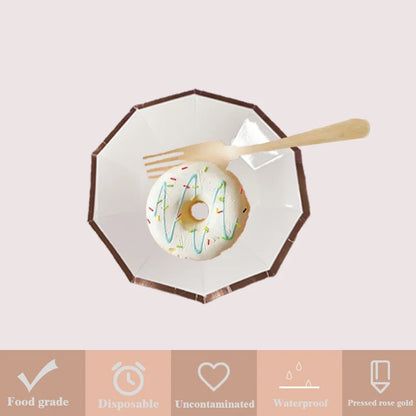 Eco-friendly Decagon Paper Plates Couples Birthday Party Food Safe Rose Gold Foil Trim Edge White Dinner Tableware Supplies