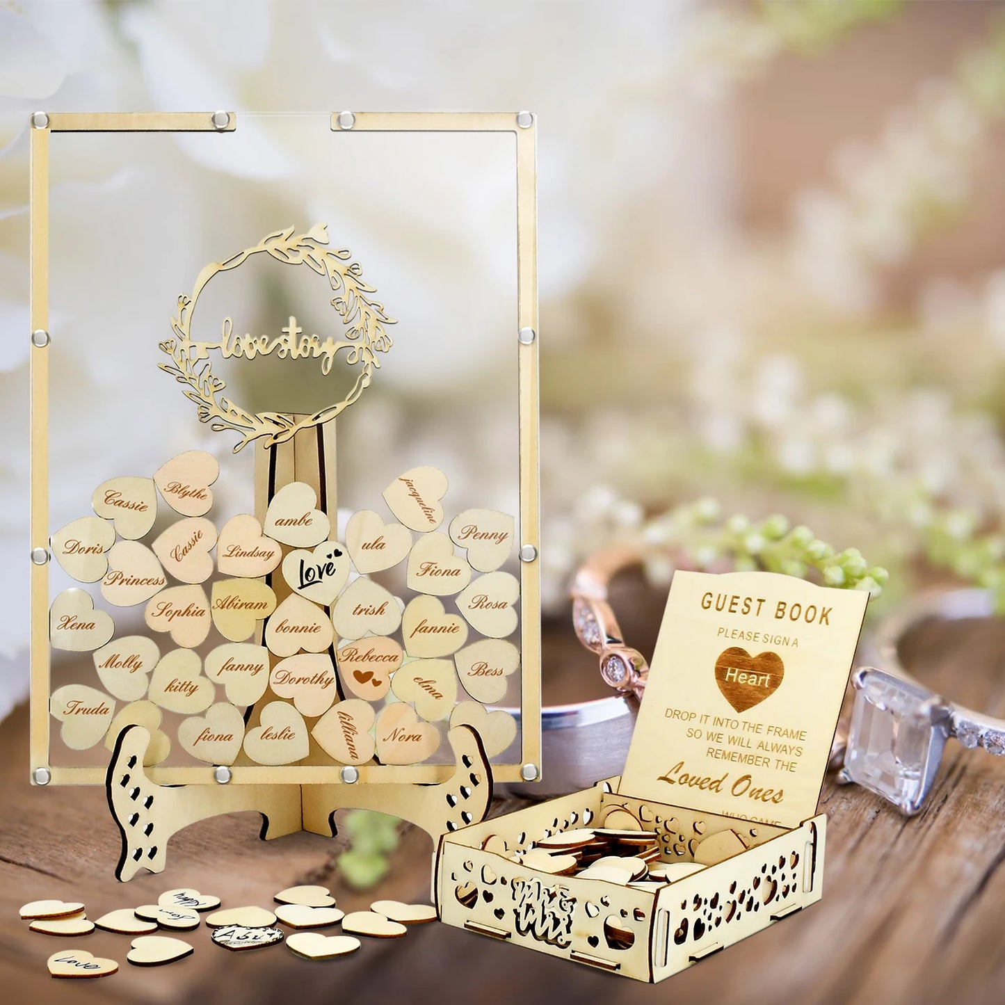 Wholesale Wooden Alternative Wedding Guest Book Rustic Blank Wedding Guest Book Sign with Hearts Wood Photo Frame Drop Box