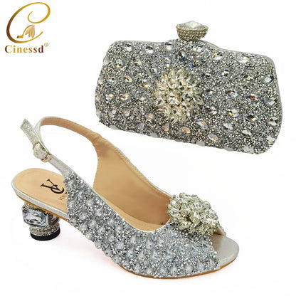 Ladies Italian Shoes and Bag Set Decorated with Rhinestone Matching Shoes and Bag Set In Heels Women Comfy Platform Sandal Shoes