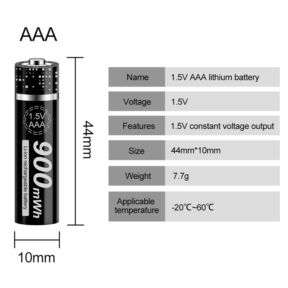 100% New 1.5V AAA Rechargeable Battery 900mWh 1.5V Li-ion Lithium Liion Li ion 3A aaa Batteries for Toy Car Camera Flashlight