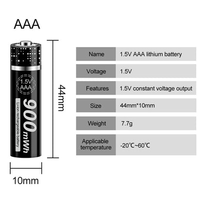 100% New 1.5V AAA Rechargeable Battery 900mWh 1.5V Li-ion Lithium Liion Li ion 3A aaa Batteries for Toy Car Camera Flashlight