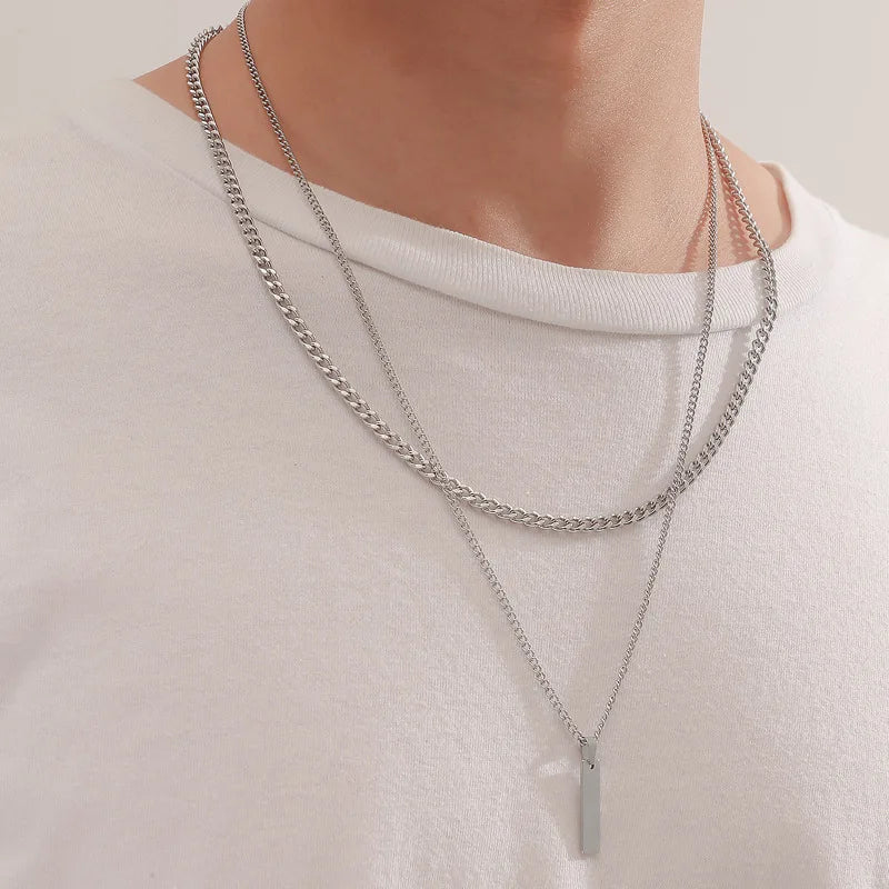 2PCS Unisex Stainless Steel Minimalist Multi-Color Simple Rectangular Pendant Necklace with Snake Chain Chokers Necklaces
