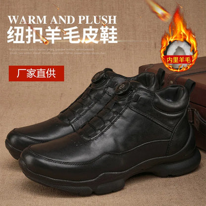 Men's Cow Leather Walking Shoes Solid Round Toe Low Heel Plush Lining Insulative Buckle Design Autumn Winter Fashion Casual