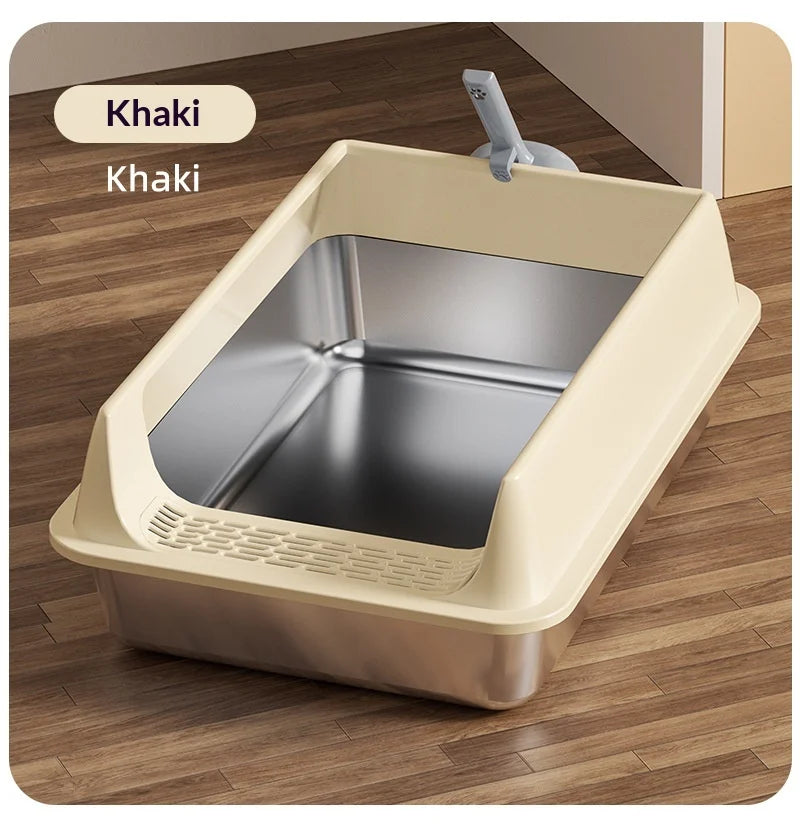 Stainless Steel Semi-closed Rectangular Cat Litter Box with Top-in Lid Anti-splash High Fence Pet Cleaning