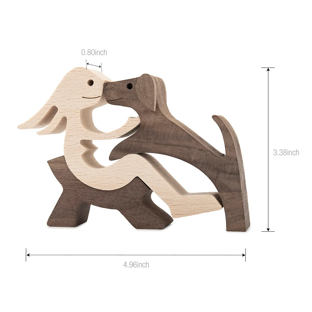 Family Puppy Wood Dog Craft Figurine Desktop Table Ornament Carving Model Home Office Decoration Pet Sculpture Christmas Gift