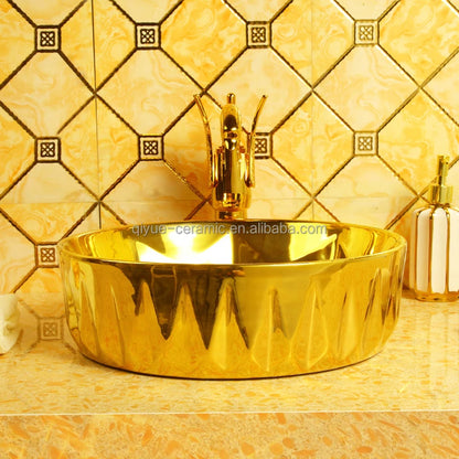 Hot Sale Golden Plated Hand Wash Basin Round Bathroom Gold Ceramic Sink for Home