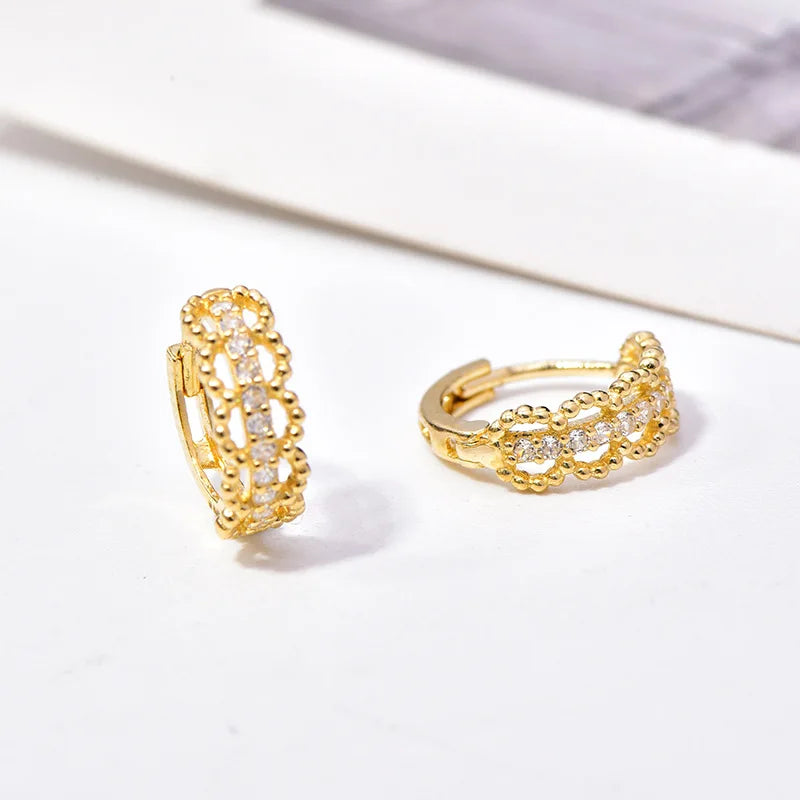 Golden Huggie Earrings With Crystal Channel Setting For Women Fashion Geometric Everyday Wear 18K Gold Plated Zinc Alloy