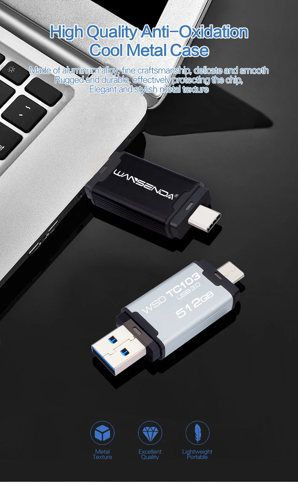 WANSENDA 128GB TYPE C USB 3.0 Flash Drive Pen Drive 32GB 64GB 256GB 512GB High Speed Pendrive for HUAWEI TYPE-C Mobile/PC