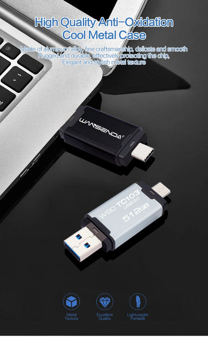 WANSENDA 128GB TYPE C USB 3.0 Flash Drive Pen Drive 32GB 64GB 256GB 512GB High Speed Pendrive for HUAWEI TYPE-C Mobile/PC