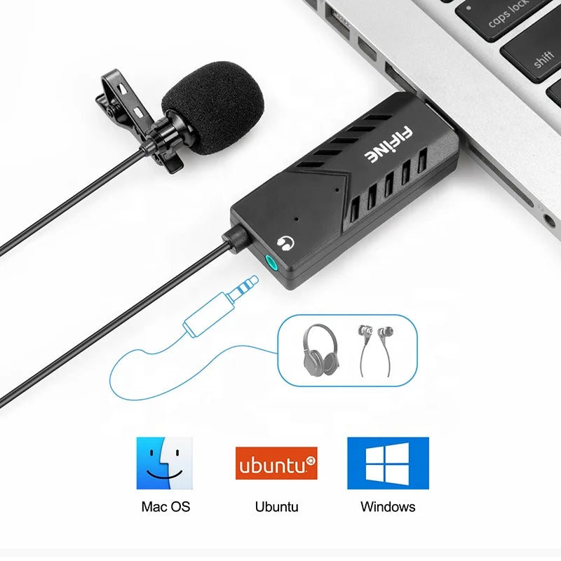 Fifine Mini USB Lapel Mic for Online Teaching Recording Clip-on Cardioid Condenser Lavalier Microphone for PC Laptop K053