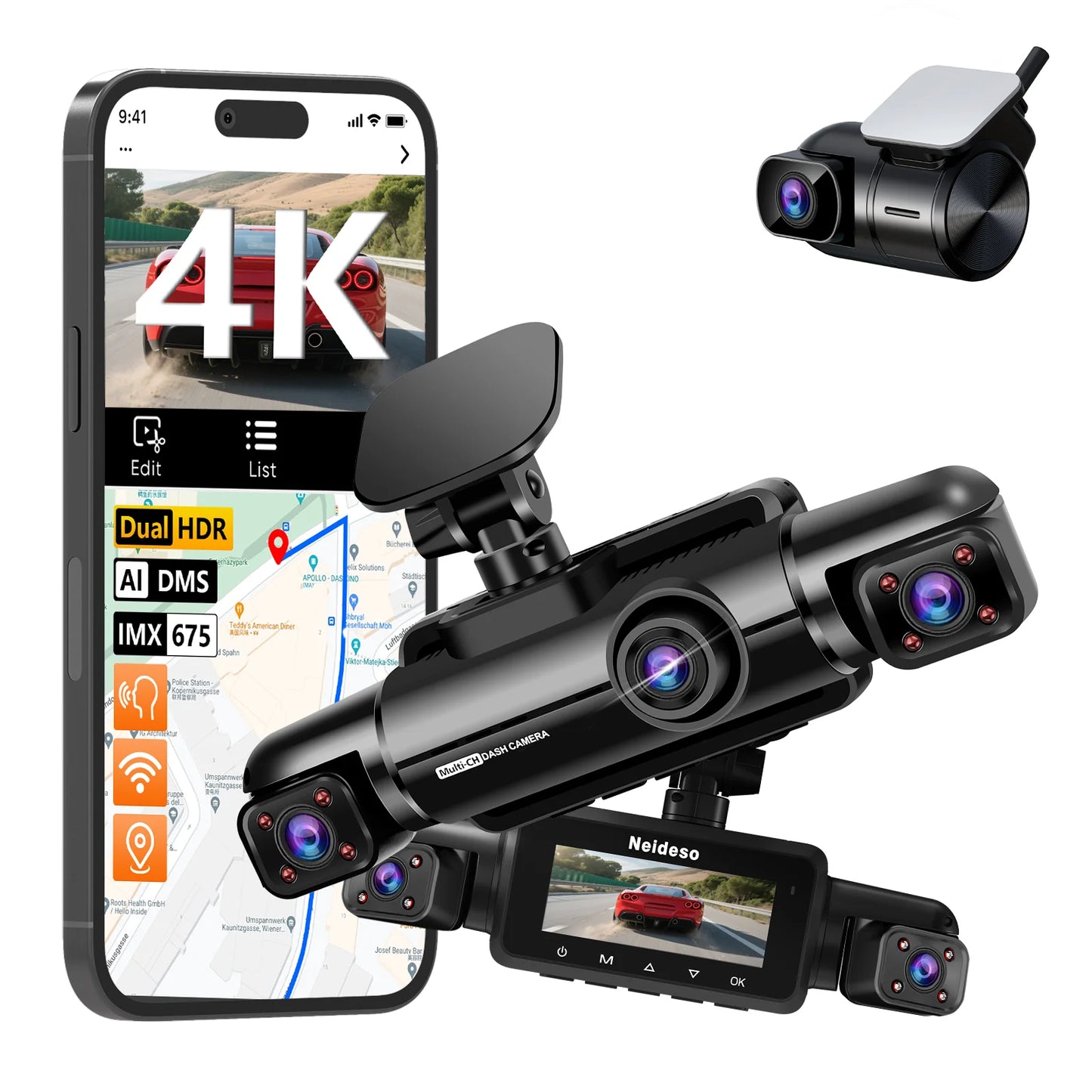 4 Lens Dash Cam with AI DMS Front 4K Recording STARVIS 2 Dashcam Built-in GPS Car Black Box with Parking Monitoring