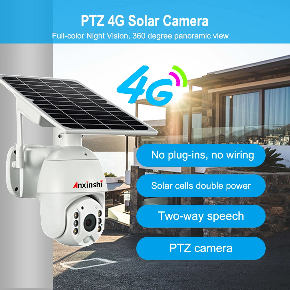 Anxinshi Ubox App 1080P Two Way Voice 4G Wifi IP Solar Panel Battery Dual Power PTZ CCTV Camera