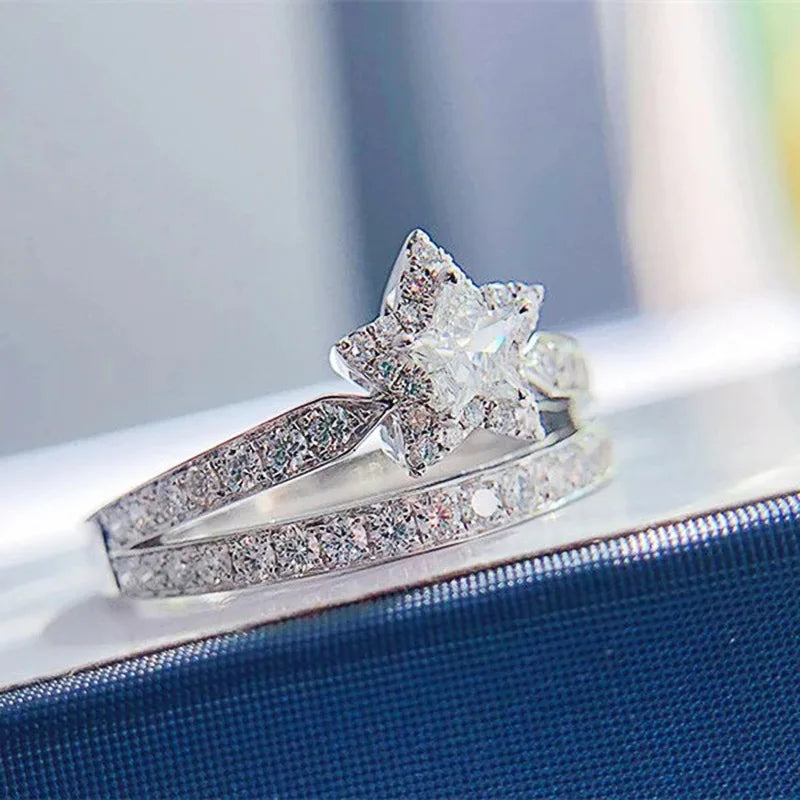 T0206 Silver Diamond Ring Princess Cut Natural G Color Women's Engagement Ring With Side Stones