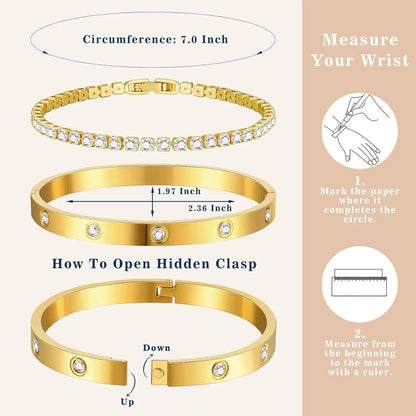 Anti Tarnish Jewellery Women Zircon Tennis 18k Gold Plated Bangles Stainless Steel Fashion Jewelry Bracelets Bangles Set