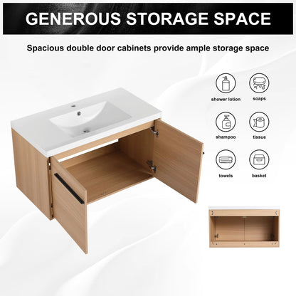 36 Inch Oak Floating Bathroom Vanity Engineered Wood Resin Integrated Sink 2 Doors US Stock Homein