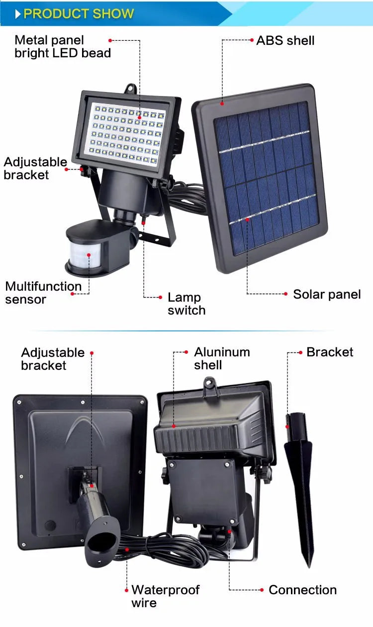 IP65 60 LED Solar Powered Garden Lamp Motion Sensor Security Flood Light 80 Luces Solares Battery Plastic Body Landscape Solares