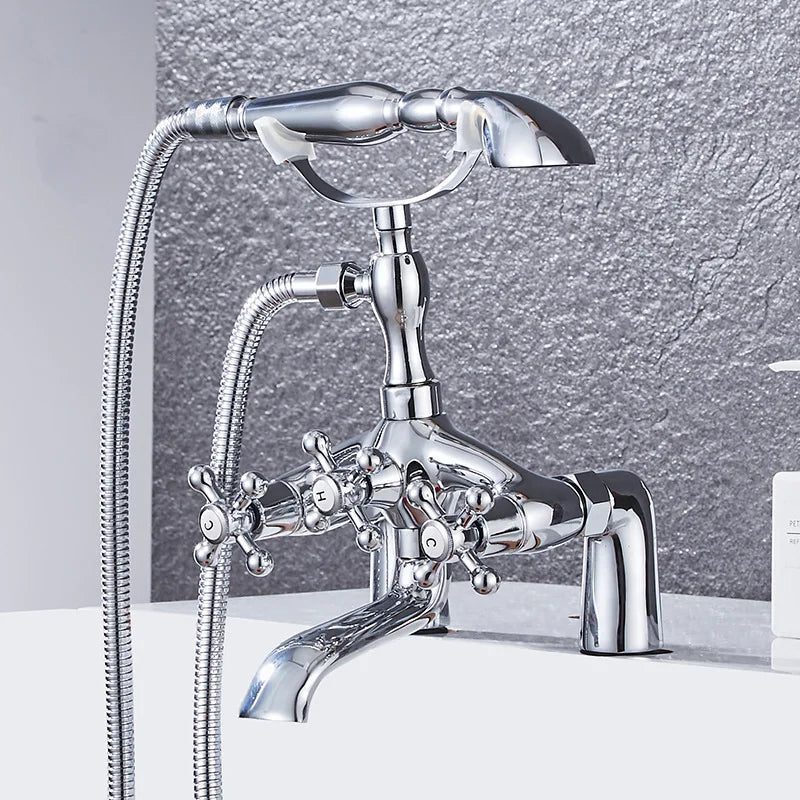 European Style Deck Mount Bathtub Faucet Antique Shower Mixer Tap with Shower Head