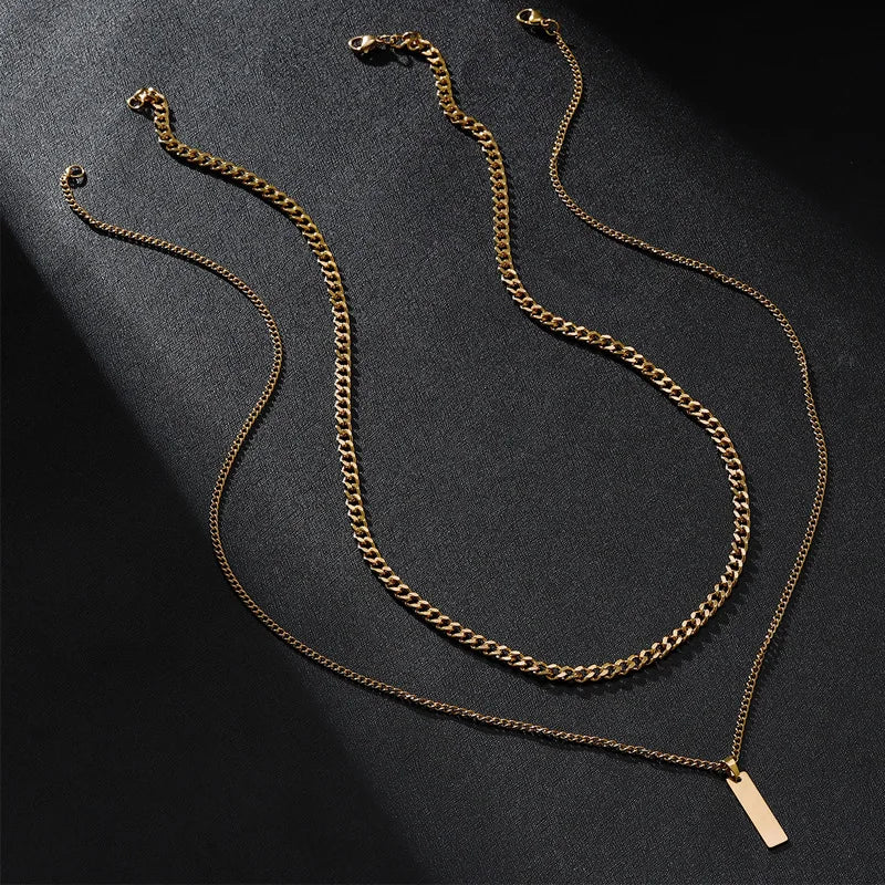 2PCS Unisex Stainless Steel Minimalist Multi-Color Simple Rectangular Pendant Necklace with Snake Chain Chokers Necklaces