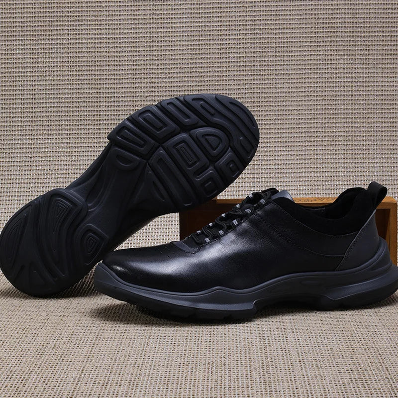 Men's Round Toe Genuine Cow Leather Lace-up Walking Shoes Lightweight Solid Color Rubber Outsole Casual Style