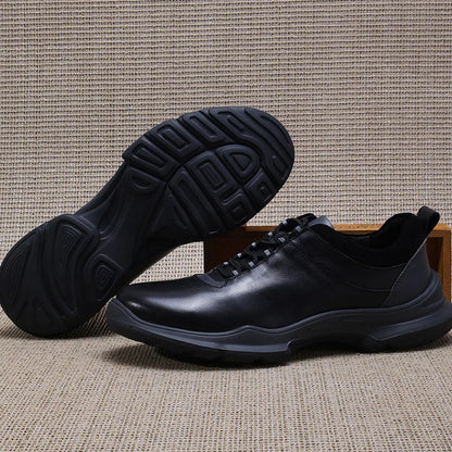 Men's Round Toe Genuine Cow Leather Lace-up Walking Shoes Lightweight Solid Color Rubber Outsole Casual Style