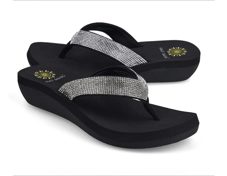 Best Selling Womens Slides Quality Rhinestone Slope Heel Flip-flops Non-slip Elastic Insoles Korean Fashion Summer Sandals