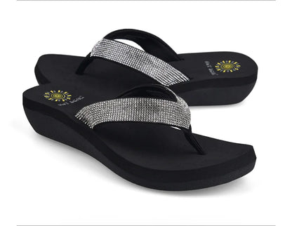 Best Selling Womens Slides Quality Rhinestone Slope Heel Flip-flops Non-slip Elastic Insoles Korean Fashion Summer Sandals