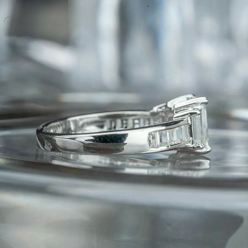 Platinum Emerald Cut Diamond Ring With Baguette Side Stones Natural D Color Women's Engagement Ring F859