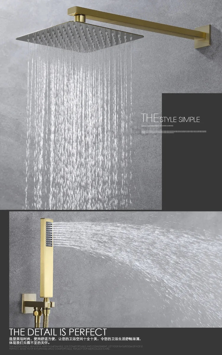 Shower System with Stainless Steel Shower Head for Bathroom Hotel Outdoor Brushed Golden Concealed Shower Set