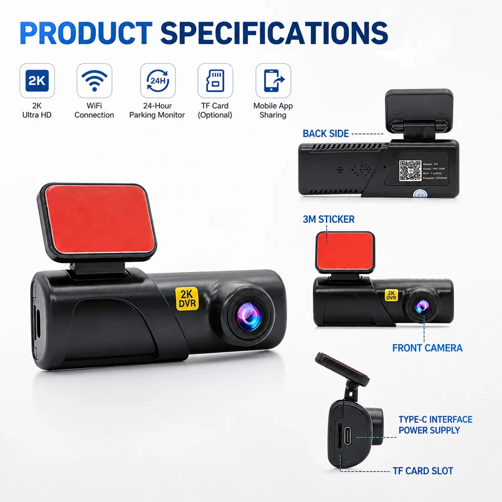 Wireless WiFi IPS Night Vision Loop Recording G Sensor 140 Degree Wide Angle 2K Front Car Video Recorder Dash Cam 24 Hours