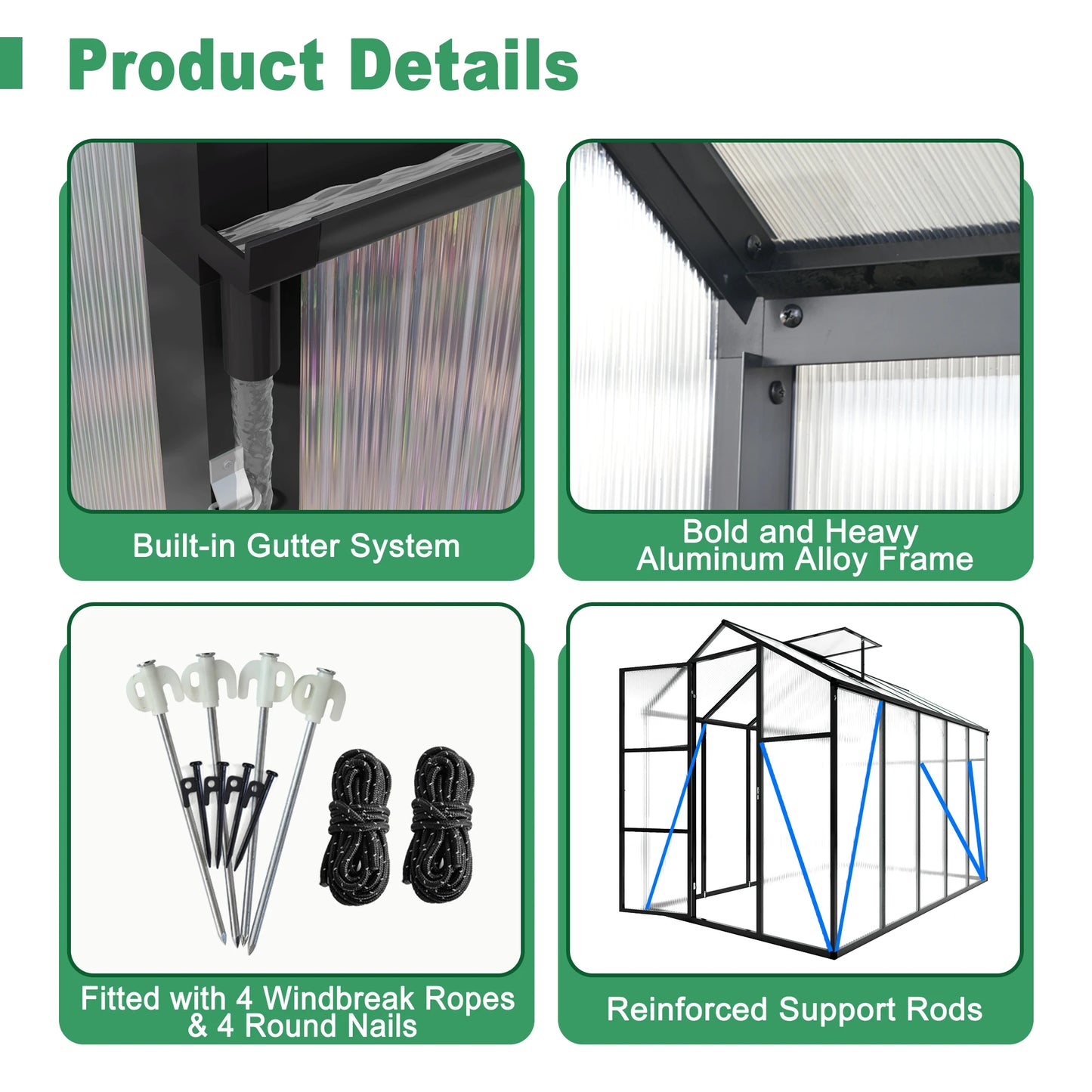 [US Stock] 6x10FT Polycarbonate Walk-in Outdoor Greenhouse With Sturdy Aluminum Frame Fast Delivery From US MOQ 1 Unit