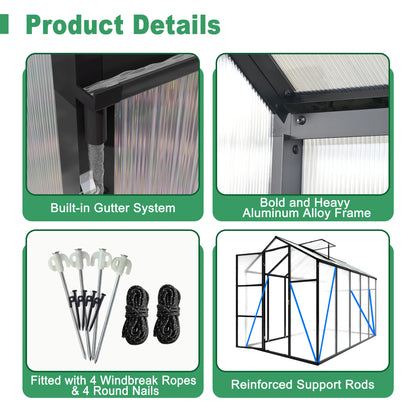[US Stock] 6x10FT Polycarbonate Walk-in Outdoor Greenhouse With Sturdy Aluminum Frame Fast Delivery From US MOQ 1 Unit