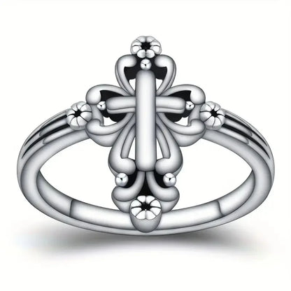 Silver Cross Ring Bezel Setting Unisex Christian Religious Ceremony Fine Jewelry T0653