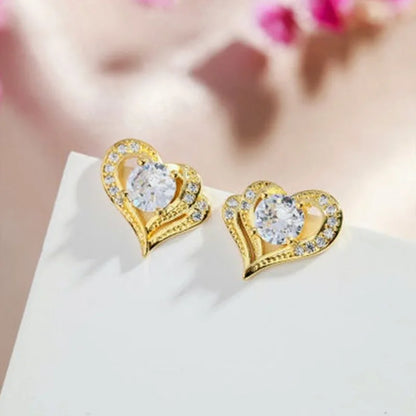 E1233 Gold Heart Stud Earrings With Round Zircon Claw Setting For Women Romantic Fashion Jewelry Gift