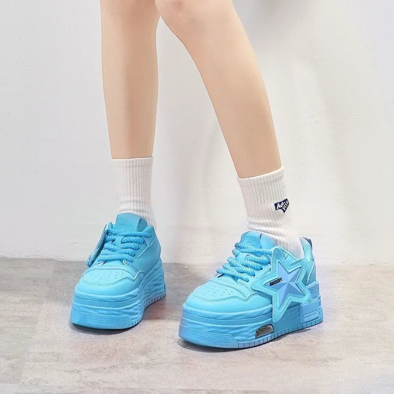 Leather Pink Chunky Sneakers Platform Lace-up Casual Shoes Women's Outdoor Walking Shoes