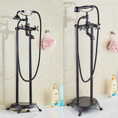 Freestanding Floor Mounted Shower Bathtub Faucet with Dual Handle Brass Construction Modern Design Hotel Use Bronze Finish