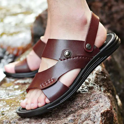Yomior Summer New Fashion Men Shoes Vintage Real Leather Non-slip Beach Slip-On Sandals Travel Flip Flop Slippers Black Brown