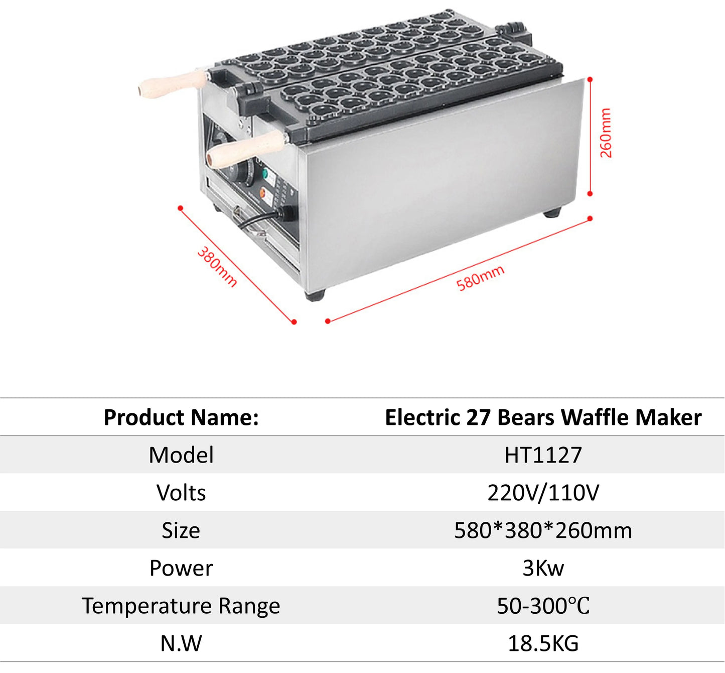 Commercial 27 Mini Bears Waffle Maker Machine 3000w Electric Waffle Baker Cooker With Temperature Adjustment 50-300°C
