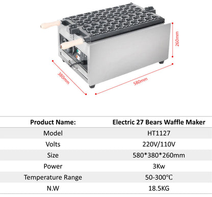 Commercial 27 Mini Bears Waffle Maker Machine 3000w Electric Waffle Baker Cooker With Temperature Adjustment 50-300°C