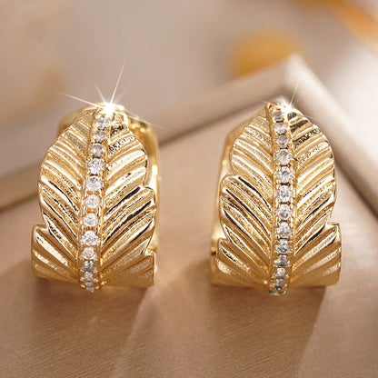 E4482 Golden Feather Stud Earrings With Round Crystal Channel Setting For Women Classic Fashion Jewelry