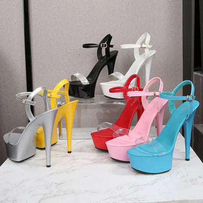 Black Red Silvery Rhinestone Women's High Heels Sandals Sexy Summer Platform Pumps Women Colorful Patent Leather Fine Heel Shoes