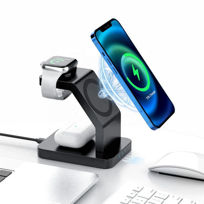 3 in 1 Magnetic Wireless Fast Charging Stand with QC3.0 for iPhone 12-17 Type-C for Earphone/IWatch
