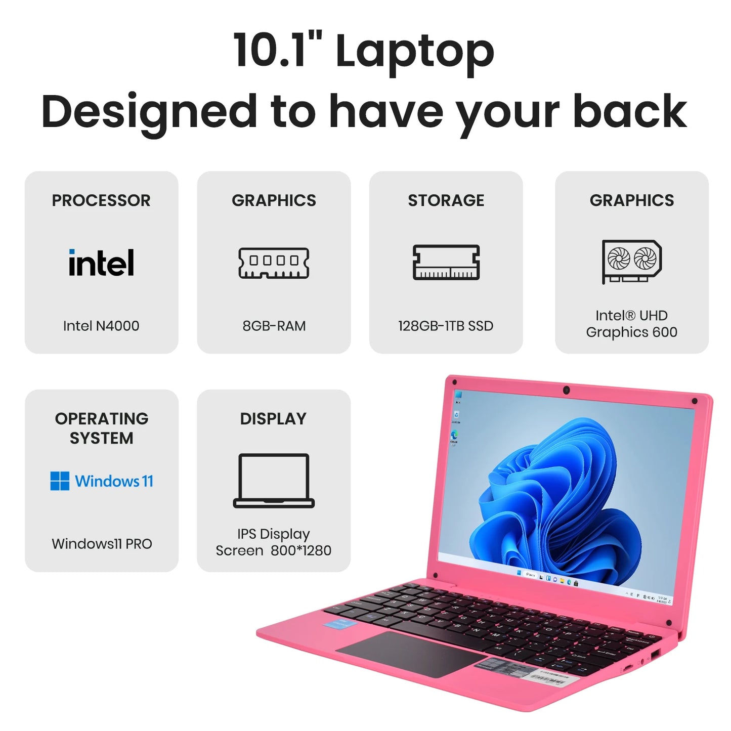 NEW Slim Silver Laptop 10.1 Inch IPS Panel Dual Core Intel N4000 8GB DDR4 128GB SSD English Keyboard Windows 10 1-Year Warranty