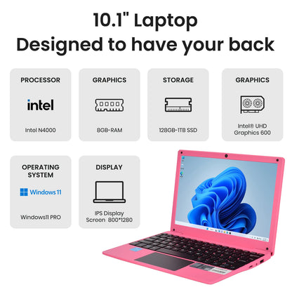 NEW Slim Silver Laptop 10.1 Inch IPS Panel Dual Core Intel N4000 8GB DDR4 128GB SSD English Keyboard Windows 10 1-Year Warranty