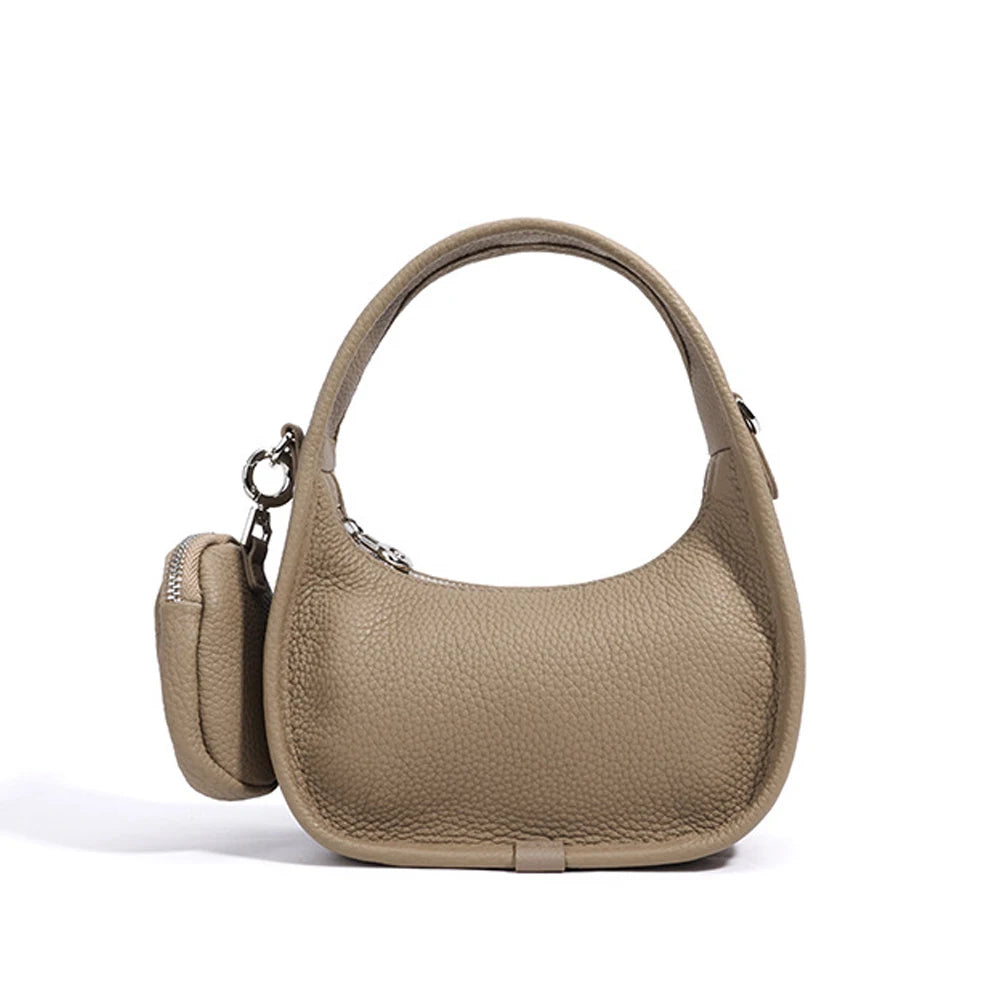 Genuine Cowhide Leather Ladies Shoulder Bag Fashionable Underarm Saddle Handbag Zipper Closure Crescent-Shaped Design for Women