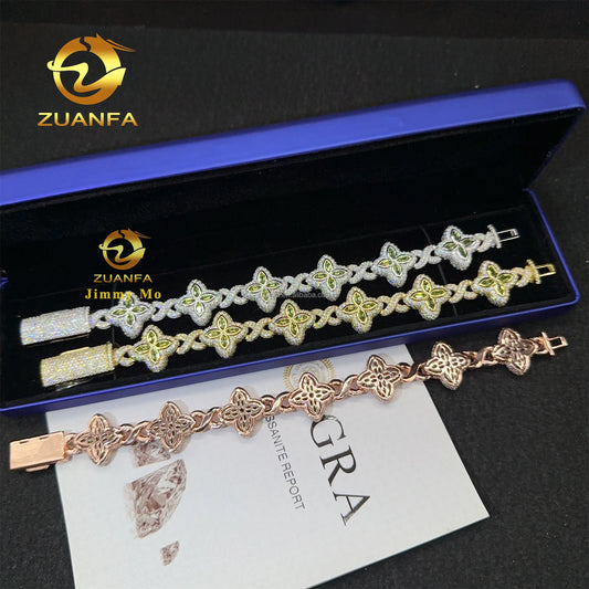 S925 Silver Marquise Flower Design Hip Hop Jewelry Iced Out Men Lab Moissanite Diamond Infinity Cuban Four Cleef Clover Bracelet