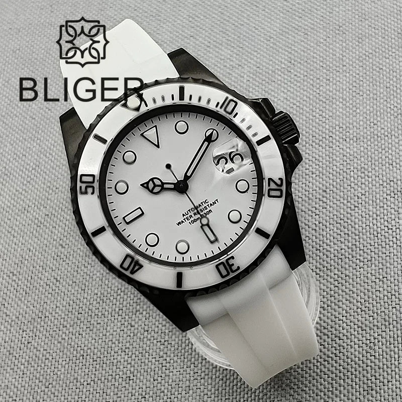 BLIGER 40mm NH35A Automatic Watch for Men White Ceramic Bezel Black  Case Green Luminous Date Magnified Rubber Strap