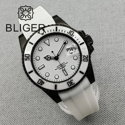 BLIGER 40mm NH35A Automatic Watch for Men White Ceramic Bezel Black  Case Green Luminous Date Magnified Rubber Strap